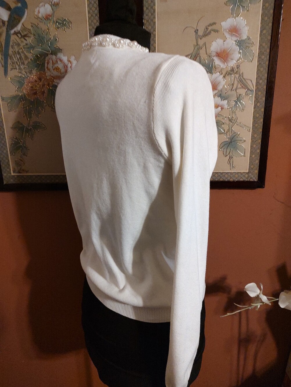 🎀🌹🎀 Dazzling Elaborate Faux Pearl Chantilly Cream Ivory Sweater Cardigan - M - Picture 4 of 16